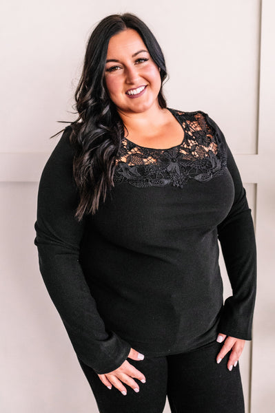 Micro Ribbed Lace Detailed Top In Rich Black Beauty - Pecan Hill Boutique