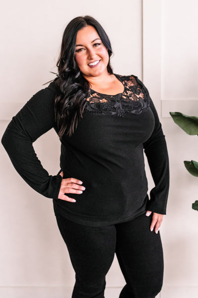 Micro Ribbed Lace Detailed Top In Rich Black Beauty - Pecan Hill Boutique