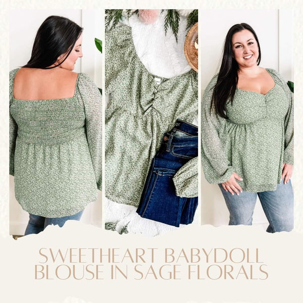 Sweetheart Babydoll Blouse In Sage Florals - Pecan Hill Boutique