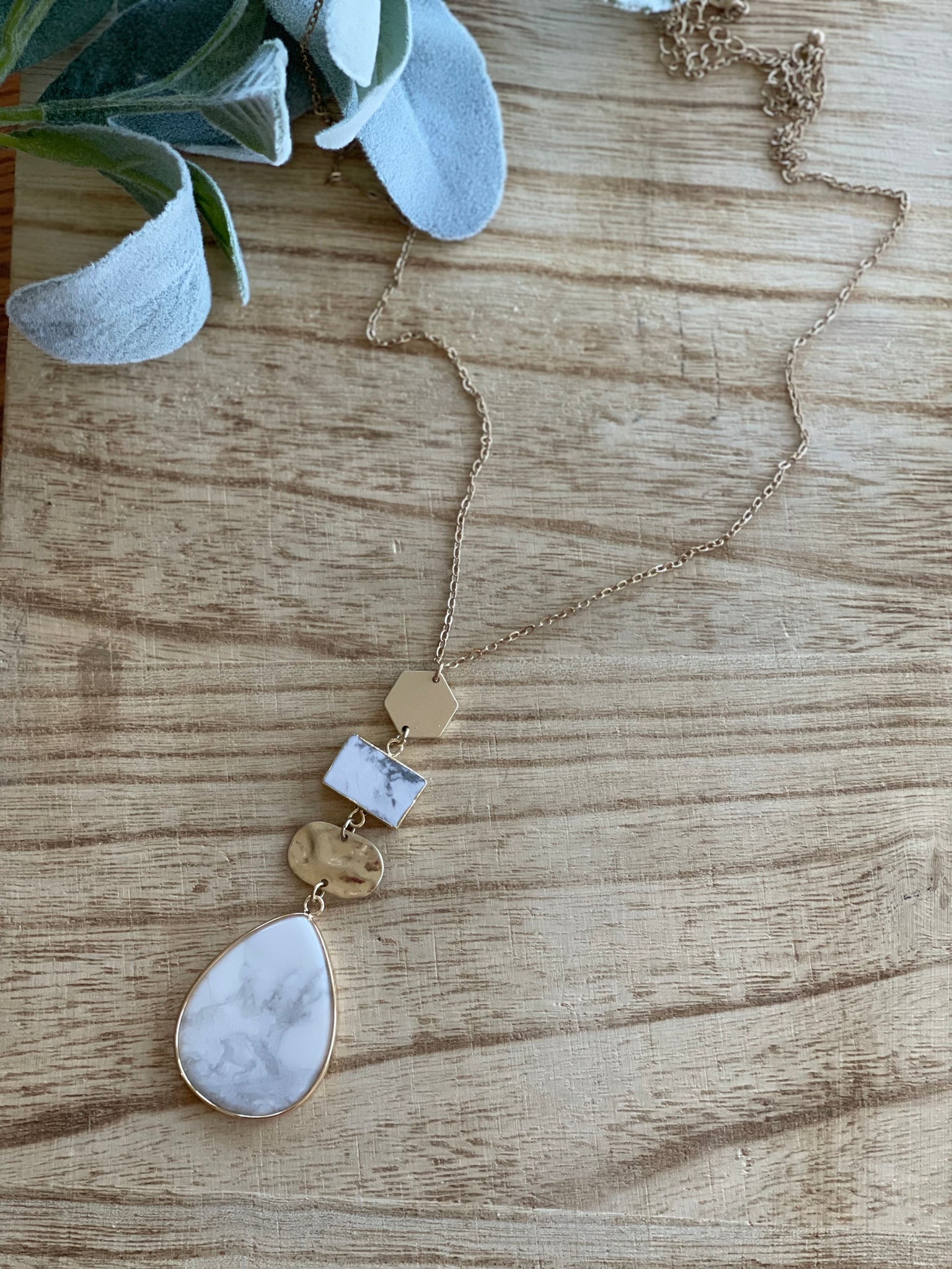 Gold Tone Necklace with Marble Look Pendant - Pecan Hill Boutique