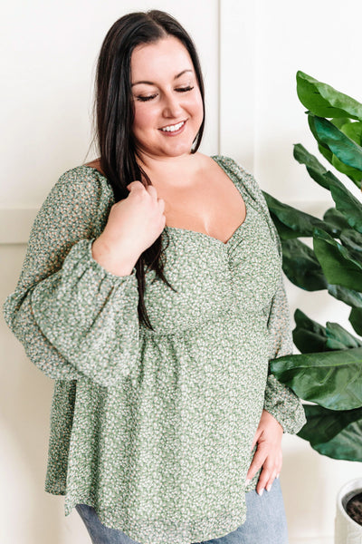 Sweetheart Babydoll Blouse In Sage Florals - Pecan Hill Boutique