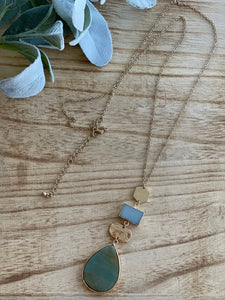Gold Tone Necklace with Blue Teardrop Pendant - Pecan Hill Boutique