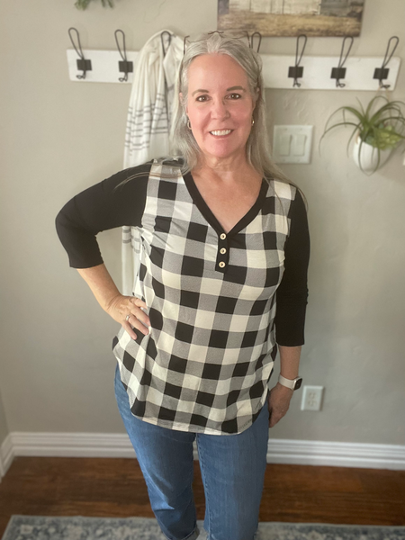 Women's Plaid Top with Contrasting Sleeves - Pecan Hill Boutique