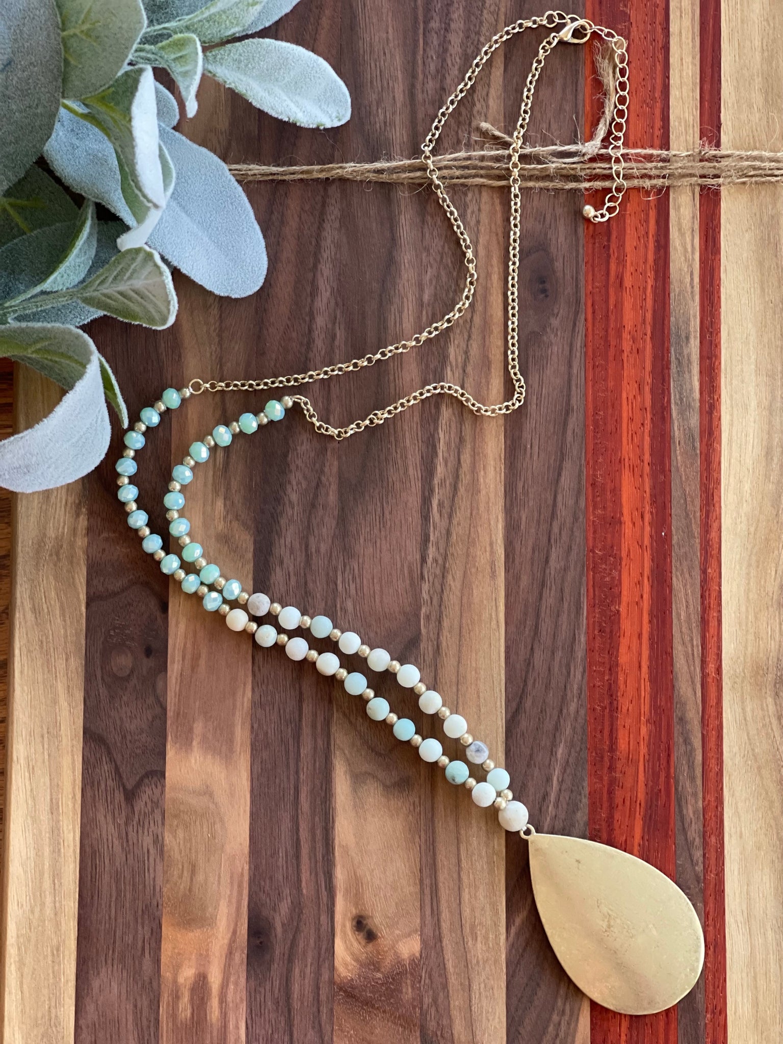 Gold Teardrop With Blue, Cream and Gold Beads - Pecan Hill Boutique