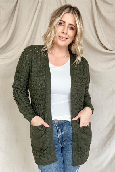 Open Front Woven Texture Knitted Cardigan With Pockets - Pecan Hill Boutique