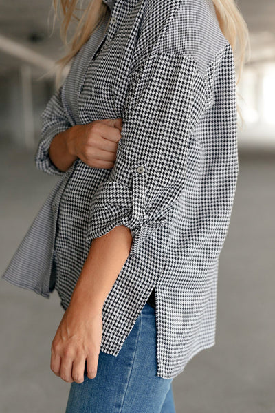 Mixed Houndstooth Button Up Top