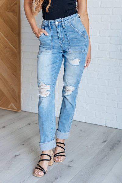 Aiden High Rise Patch Pocket Distressed Boyfriend Jeans