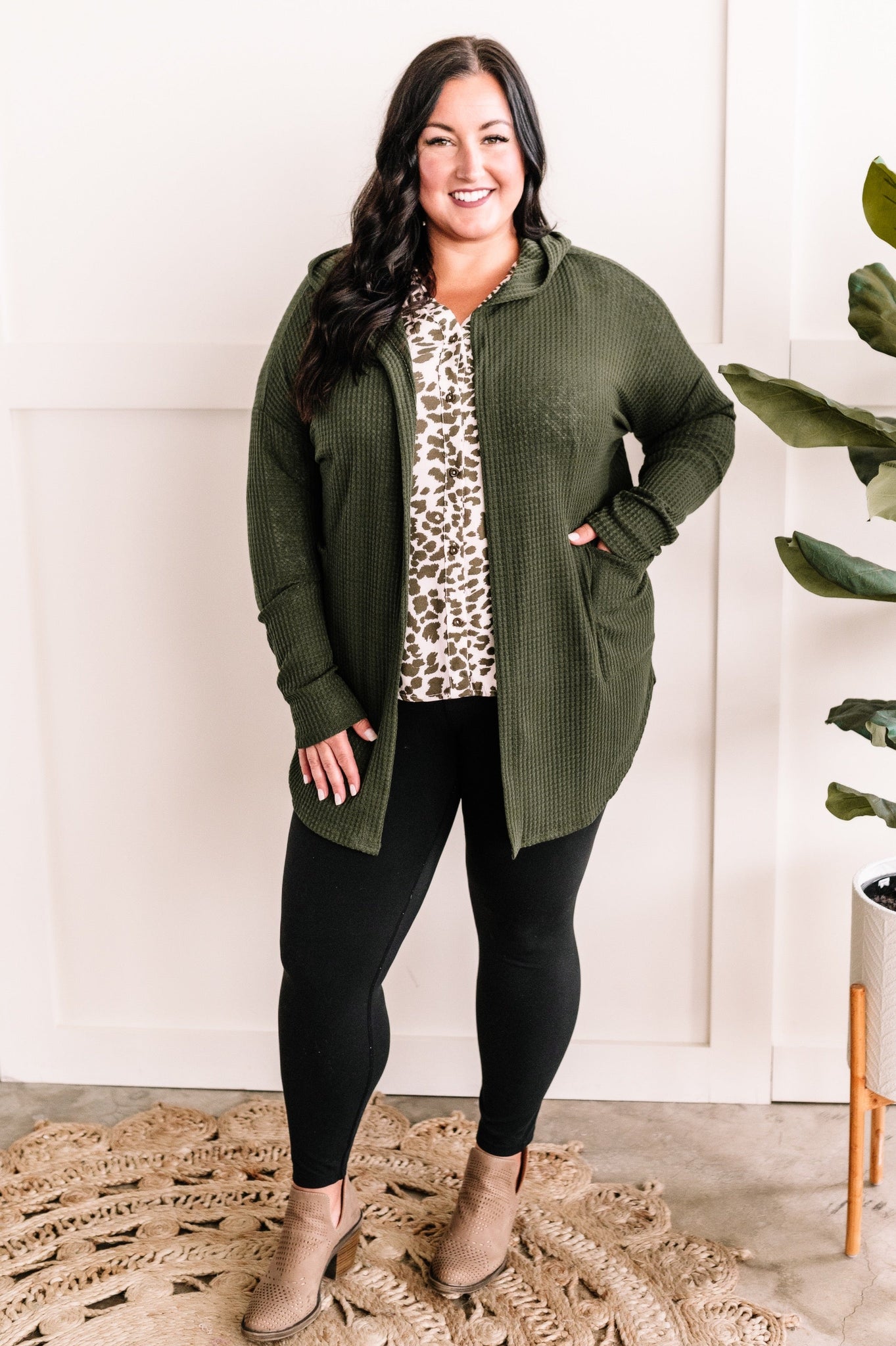 Waffle Knit Hooded Cardigan With Pockets In Olive
