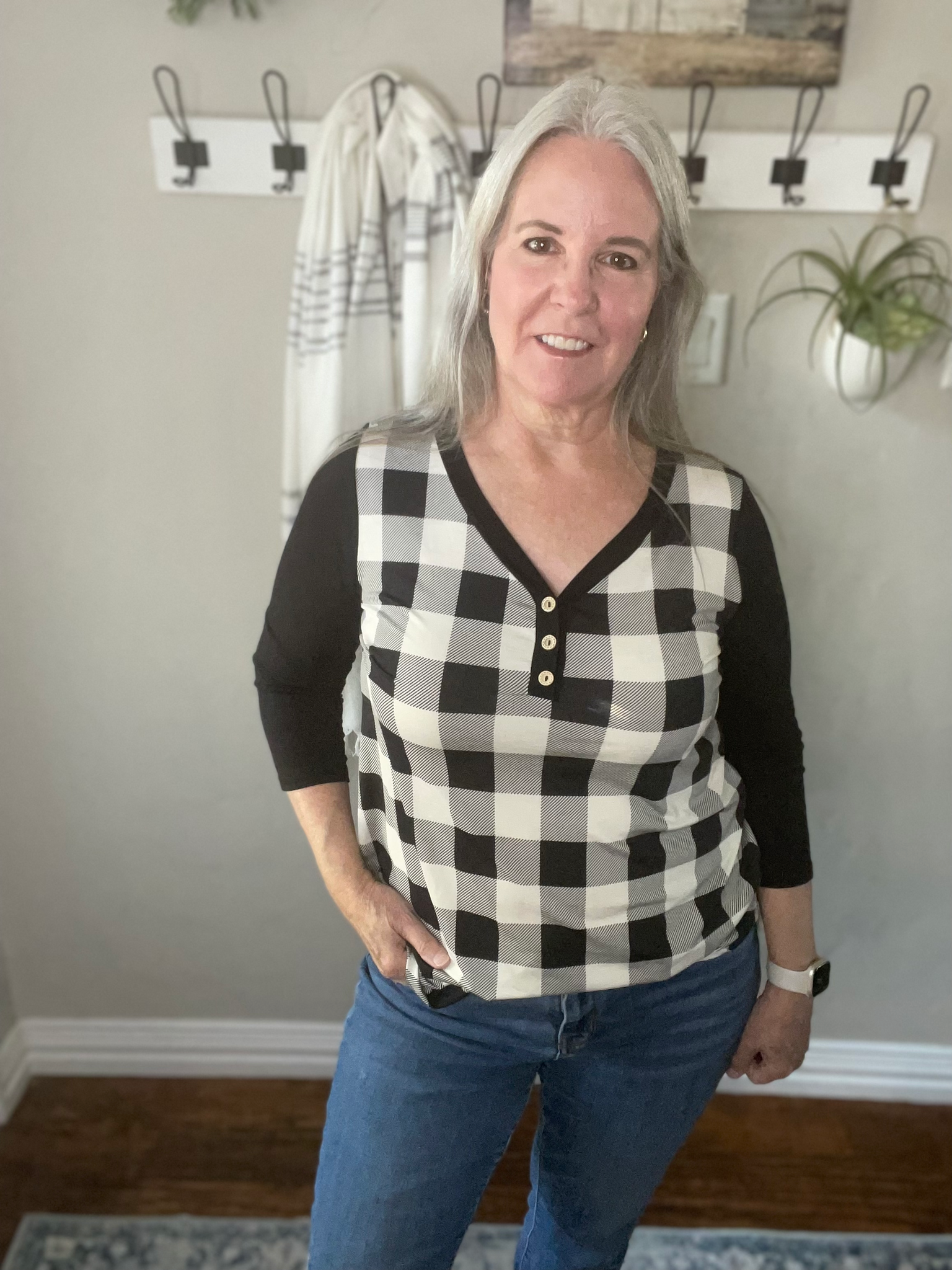 Women's Plaid Top with Contrasting Sleeves