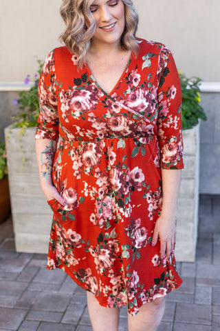 Rust and Floral Midi Dress - Pecan Hill Boutique