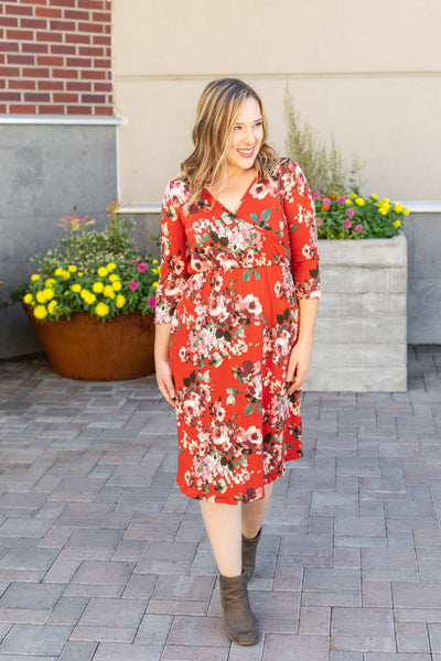 Rust and Floral Midi Dress - Pecan Hill Boutique