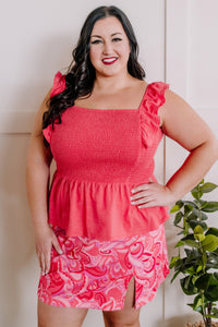 Smocked Sleeveless Top With Ruffle Shoulder Detail In Watermelon