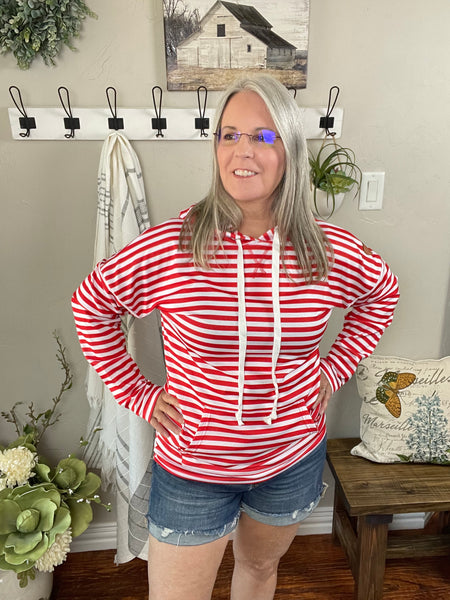Red and White Stripe Hoodie - Pecan Hill Boutique