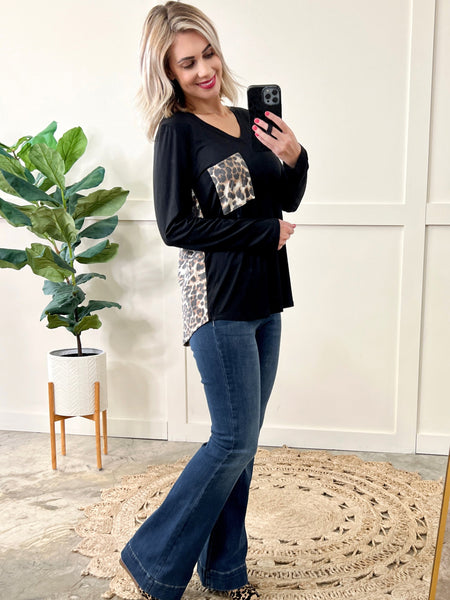 Long Sleeve Pocket Top With Leopard Contrast In Black - Pecan Hill Boutique