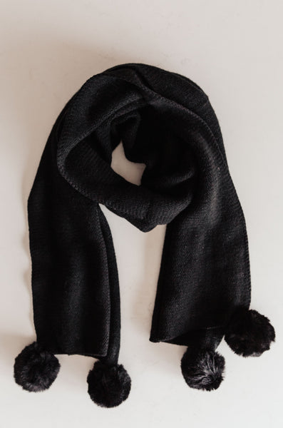 Knitted Fuzzy Pom Pom Scarf In Black - Pecan Hill Boutique