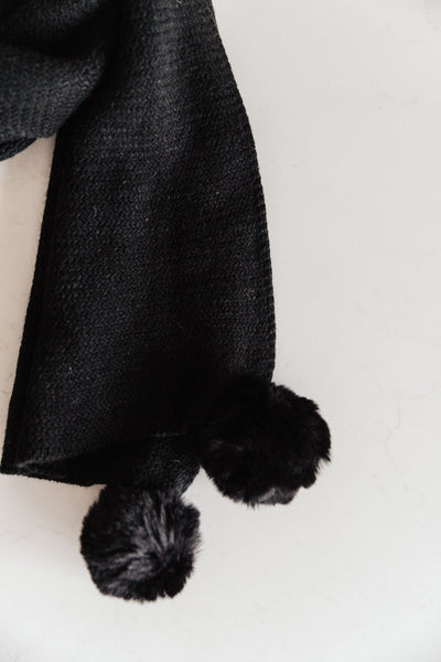 Knitted Fuzzy Pom Pom Scarf In Black - Pecan Hill Boutique