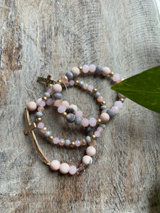 Pink and Gray Bead Gold Cross Bracelet - Pecan Hill Boutique