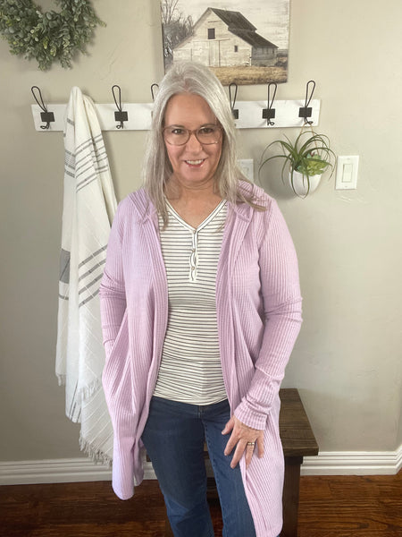 Lilac Hooded Waffle Cardigan - Pecan Hill Boutique