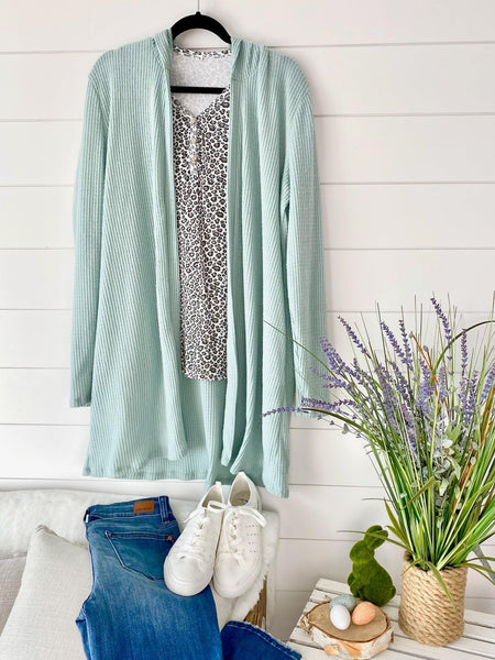 Sage Hooded Waffle Cardigan - Pecan Hill Boutique