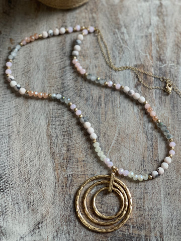 Triple Circles with Pink and Gray Beads Necklace 