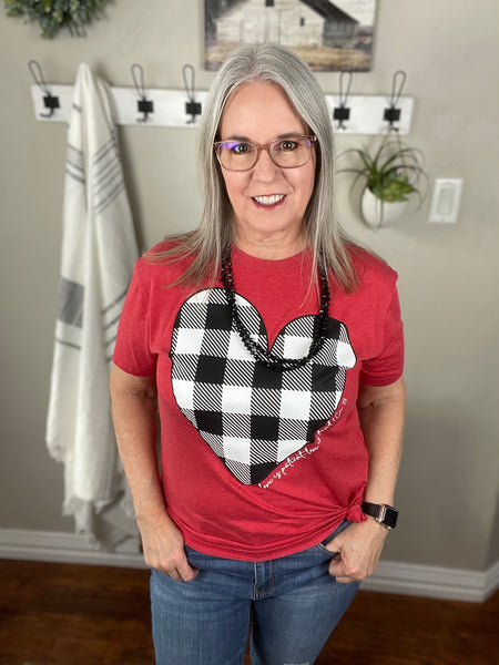 Black and White Plaid Heart Tee - Pecan Hill Boutique