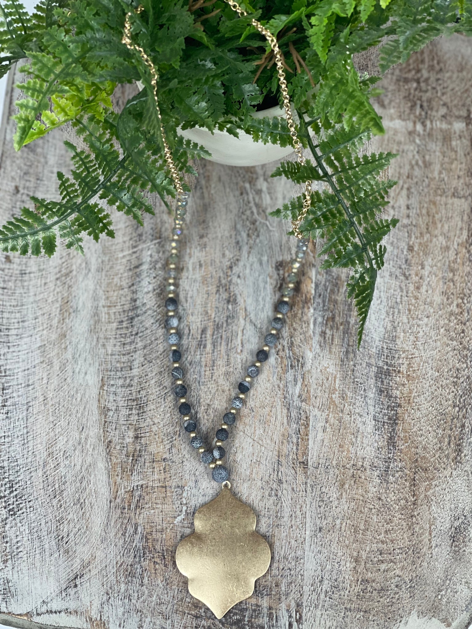 Gold Polygon Pendant on Gray Bead Chain - Pecan Hill Boutique