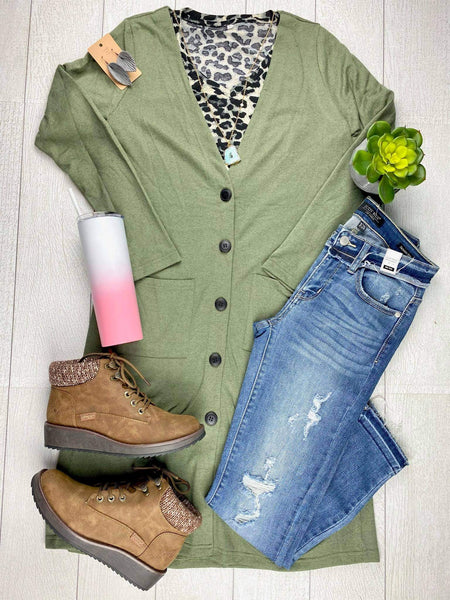 Olive Front Button Cardigan - Pecan Hill Boutique